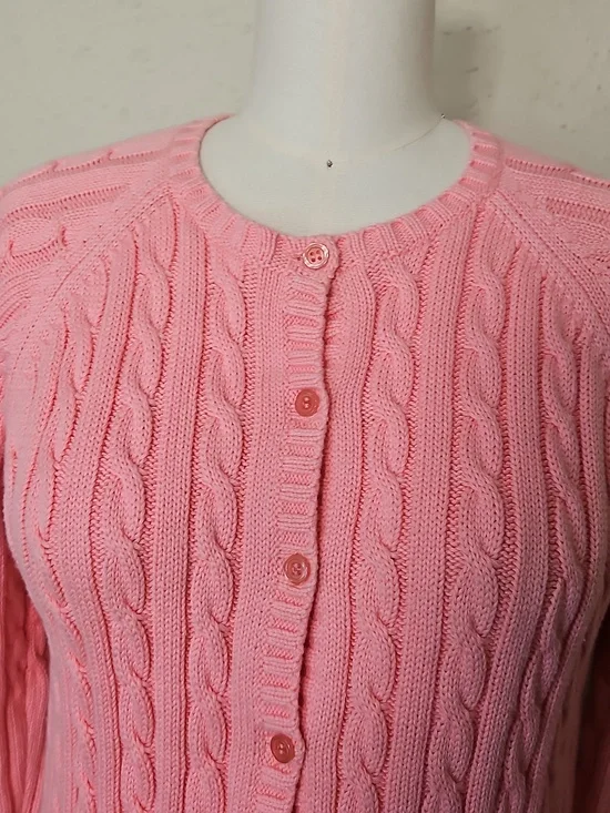 L.L. Bean Pink Cable Knit Cotton Cardigan Button Front XS - Picture 4 of 8